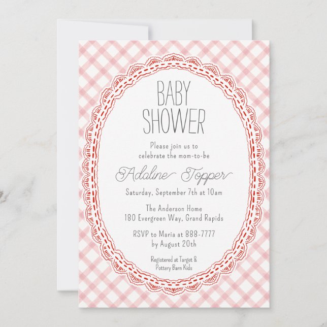 Faire-part de Baby Shower 'Lace Frame Gingham Vint (Devant)