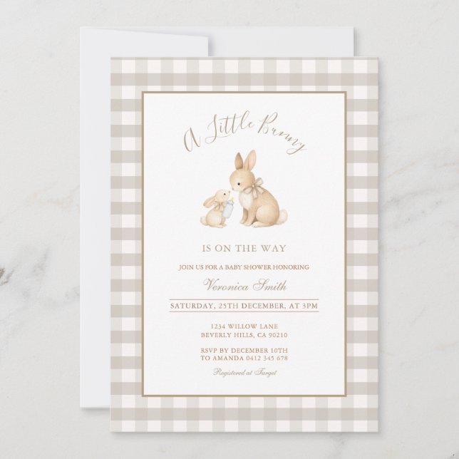 Faire-part de Baby Shower Lapin Beige Neutre (Devant)