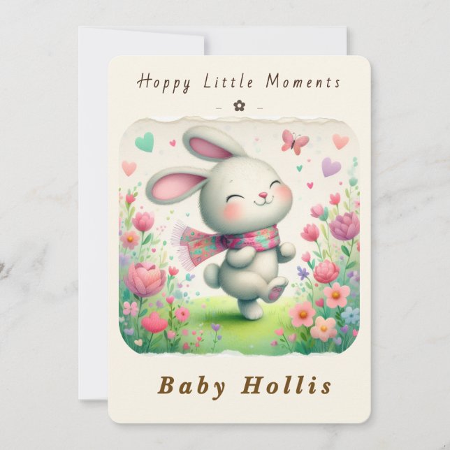 Faire-part de Baby Shower Lapin Fantaisiste Fleurs (Devant)