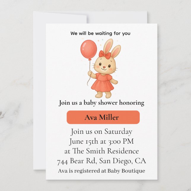 Faire-part de Baby Shower Lapin Mignon | Fleurs Ro (Devant)