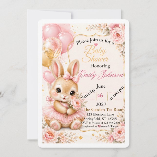 Faire-part de Baby Shower Lapin Mignon | Fleurs Ro (Devant)