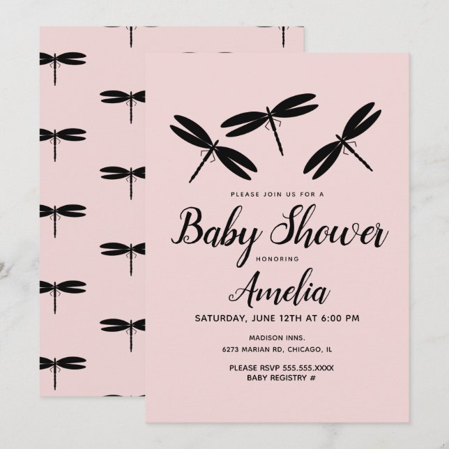 Faire-part de Baby Shower Libellules Noires Bébé R (Devant / Derrière)