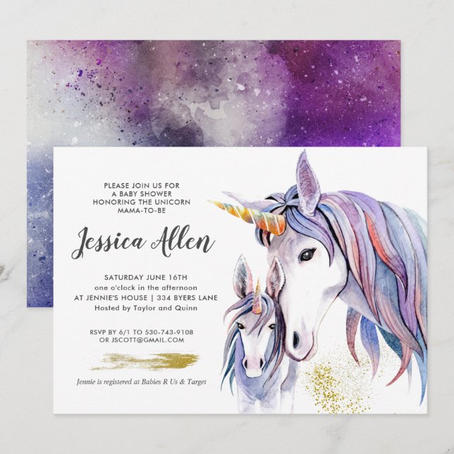 Faire-part de Baby Shower Licorne (Devant / Derrière)
