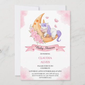 Faire-part de Baby Shower Licorne Endormie Lune