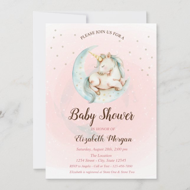 Faire-part de Baby Shower Licorne Mignon Lune Étoi (Devant)