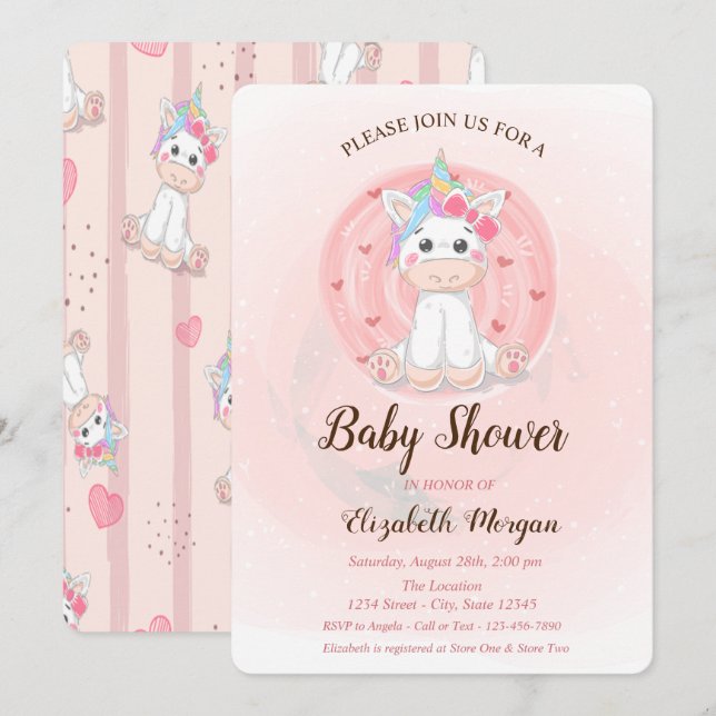Faire-part de Baby Shower Licorne Mignonne (Devant / Derrière)