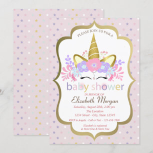 Faire-part de Baby Shower Licorne Mignonne, Fleurs