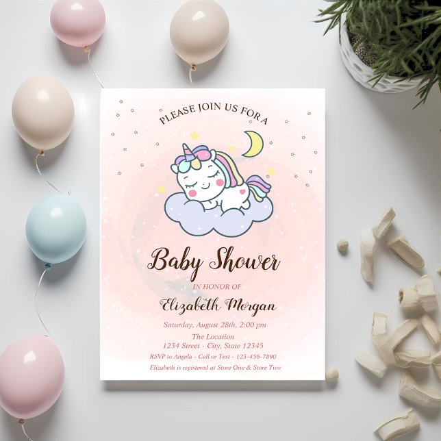 Faire-part de Baby Shower Licorne Mignonne, Nuage, (Créateur téléchargé)