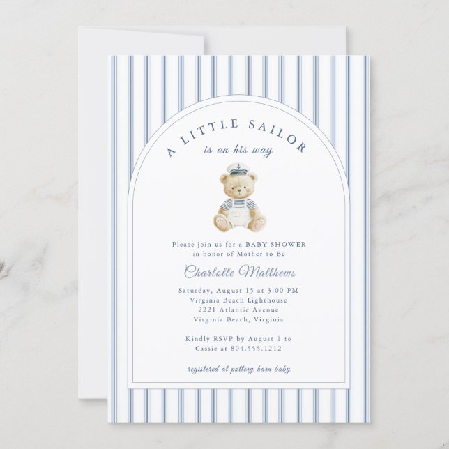 Faire-part de Baby Shower Little Sailor Bear Coast (Devant)