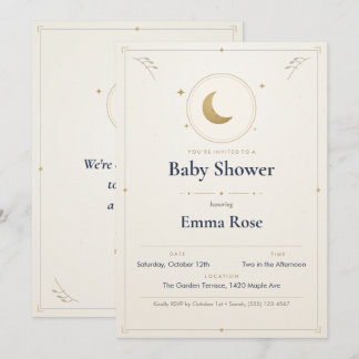 Faire part de Baby Shower Lune et Étoiles, Or