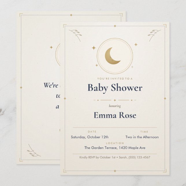 Faire part de Baby Shower Lune et Étoiles, Or (Devant / Derrière)