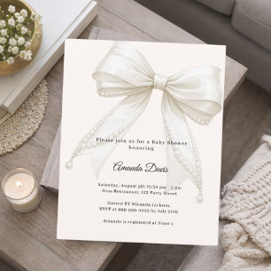 Faire-part de Baby Shower luxe avec perles et noeu