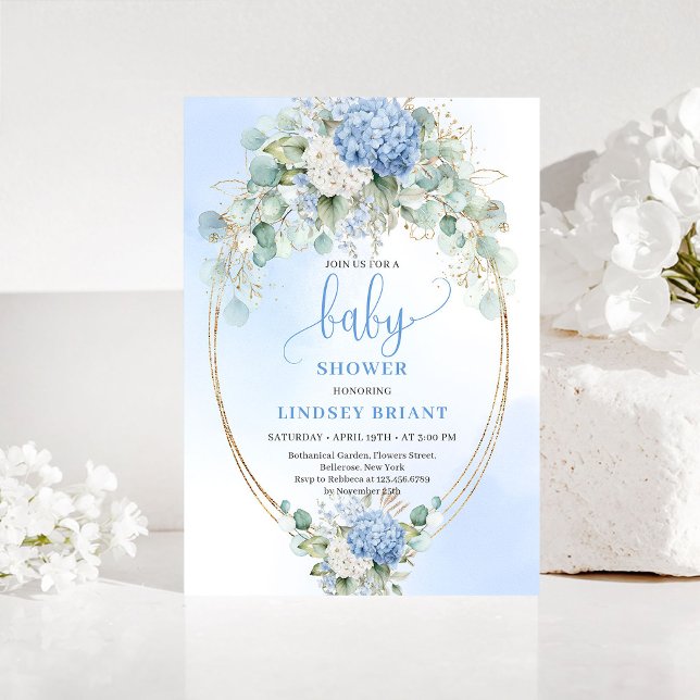 Faire-part de Baby Shower Luxueux Hydrangea Bleu O (Luxury Blue Hydrangea Baby Shower Gold Invitation)