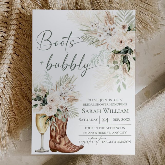 Faire-part de Baby Shower Mariage Boots Bubbly Gre (Boots & Bubbly Bridal Shower Invitation | White Cream Greenery Rustic Western Boho)