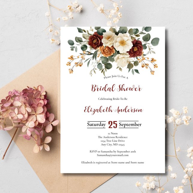 Faire-part de Baby Shower Mariage Fleurs Crème Rou (Burgundy Rust and Cream Floral Bridal shower invitation)