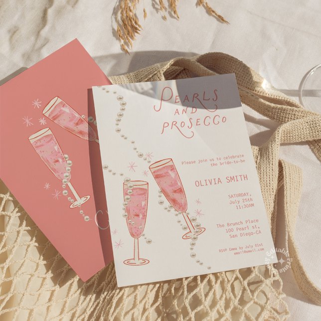 Faire-part de Baby Shower Mariage Perles et Prosec (Pearls and Prosecco Bridal Shower Pink Invite)