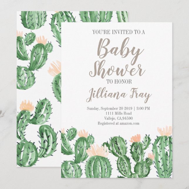 Faire-part de baby shower mignon avec cactus succu (Devant / Derrière)