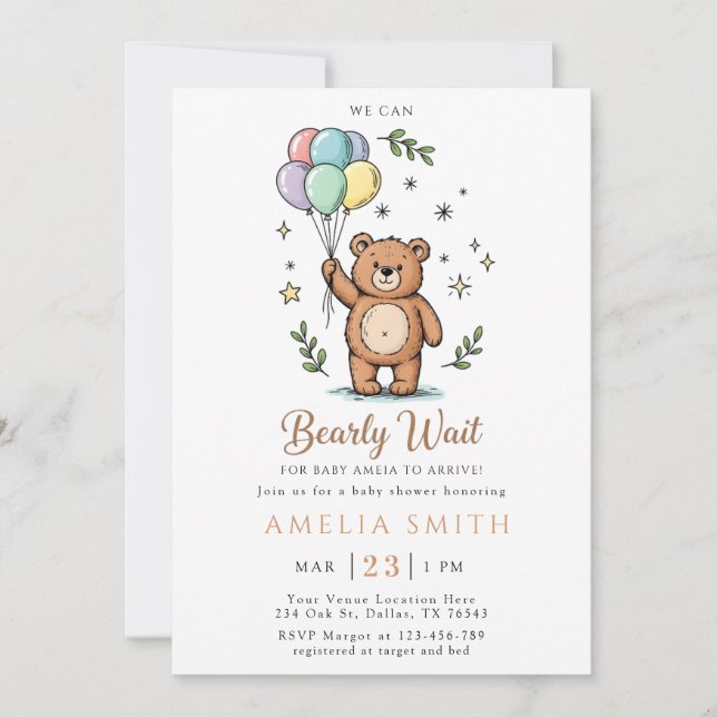 Faire-part de baby shower moderne avec un ours en  (Devant)