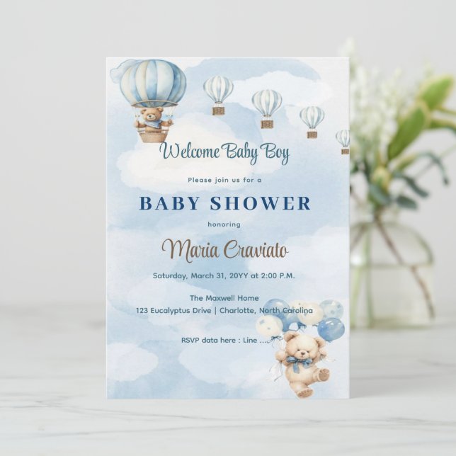 Faire-part de Baby Shower Montgolfière Ourson (Debout devant)