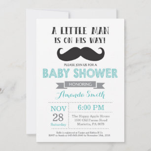 Faire-part de Baby Shower Moustache Aqua et Gris