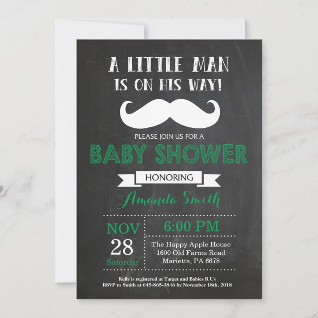 Faire-part de Baby Shower Moustache Vert et Gris (Devant)