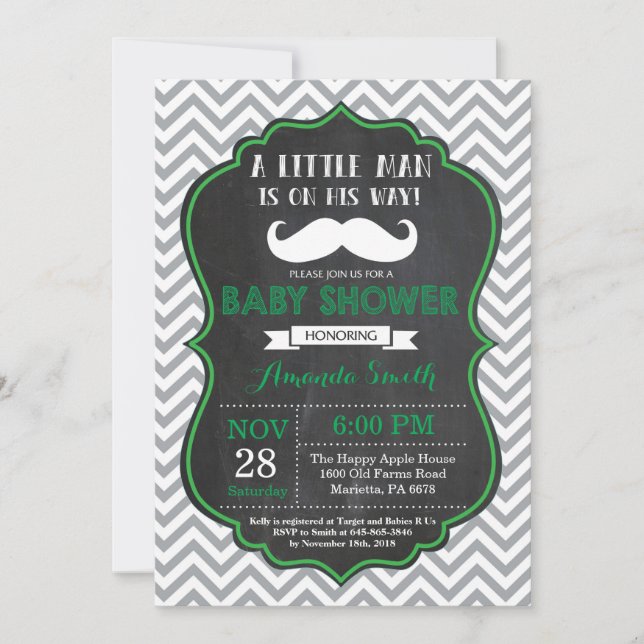 Faire-part de Baby Shower Moustache Vert et Gris (Devant)