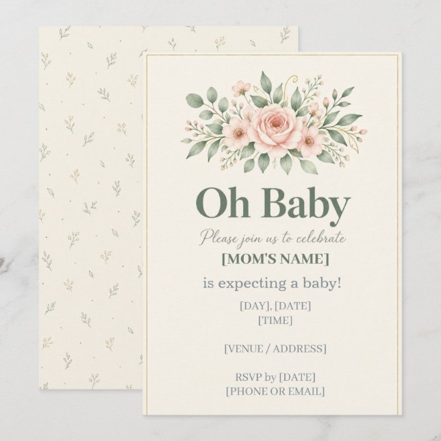Faire-part de Baby Shower Oh Baby Botanical (Devant / Derrière)