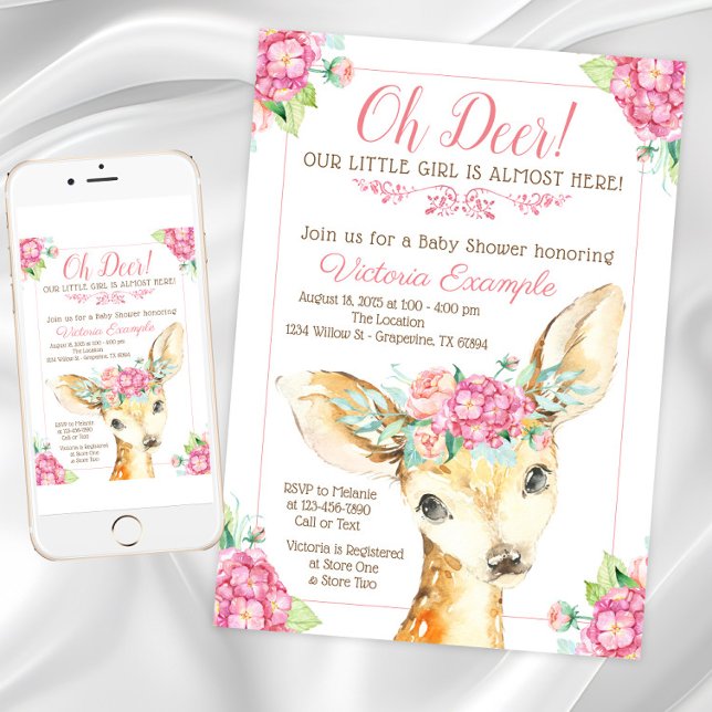 Faire-part de Baby Shower Oh Biche Bébé Fille (Girl cute Oh Deer baby shower invitation. Instant download and printed invitations available.)