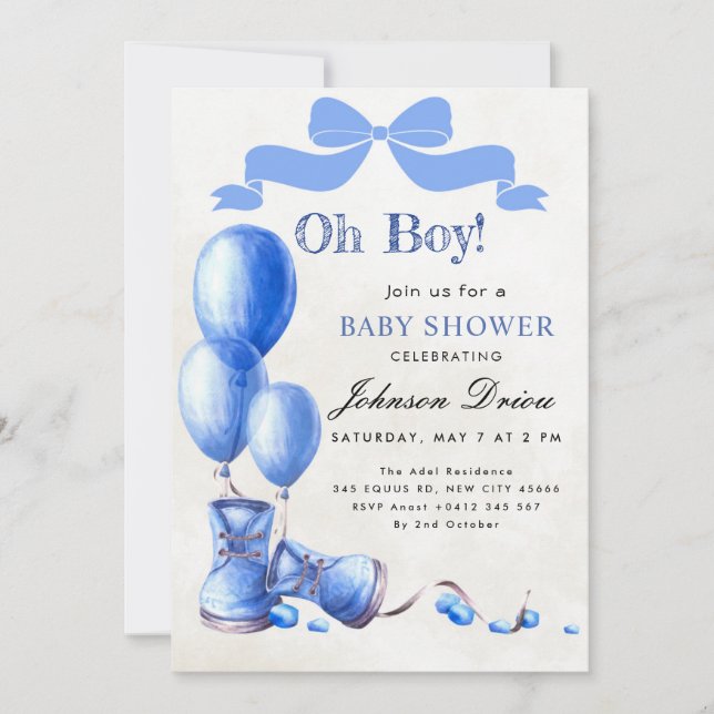 Faire-Part de Baby Shower « Oh Boy » | Aquarelle B (Devant)