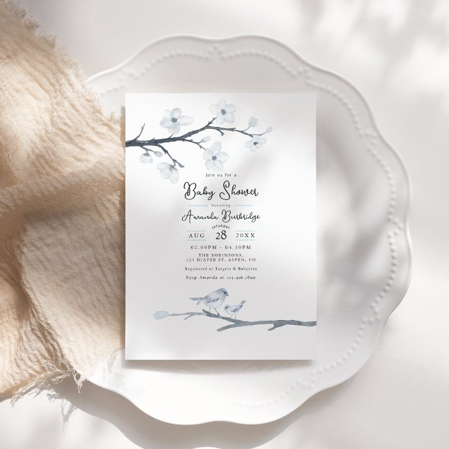 Faire-part de Baby Shower Oiseau Bleu Élégant et F (Elegant Blue Bird and Cherry Blossom Baby Shower Invitation)