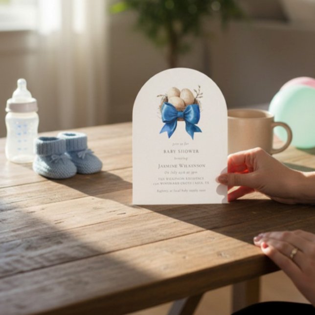 Faire-part de Baby Shower Oiseau Nid Ruban Bleu Bé (Créateur téléchargé)