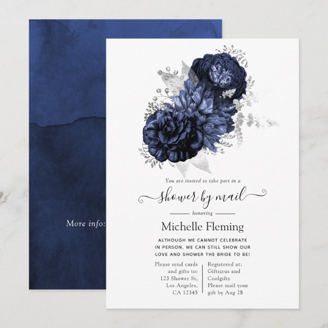 Faire-part de Baby-Shower ou Mariage Fleurs Bleu M (Devant / Derrière)