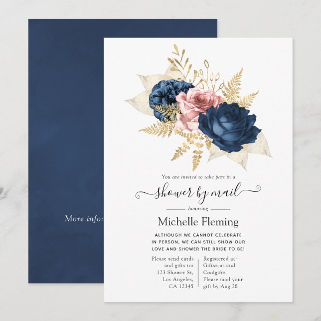 Faire-part de Baby Shower ou Mariage Fleurs Roses, (Devant / Derrière)