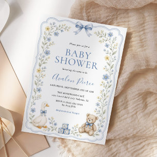 Faire-part de Baby Shower Ours en Peluche Fleur Bl