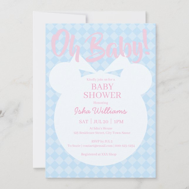Faire-part de Baby Shower Ourson Bleu Clair Rose O (Devant)