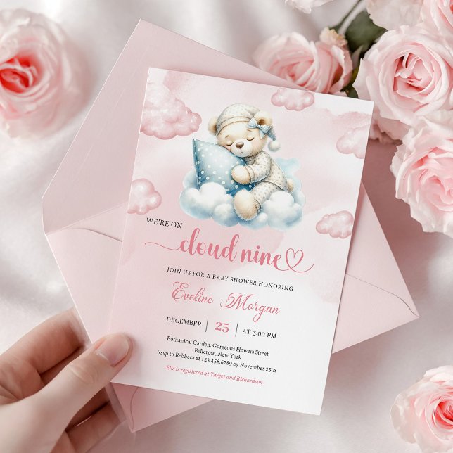 Faire-part de Baby Shower Ourson Mignon Thème Clou (Cute Teddy Bear Baby Shower Invite Cloud 9 Theme)