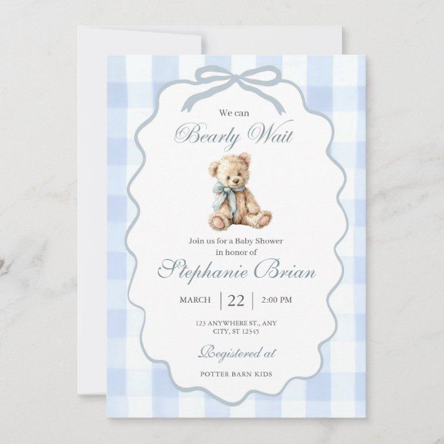 Faire-part de Baby Shower Ourson Modifiable Bleu C (Devant)
