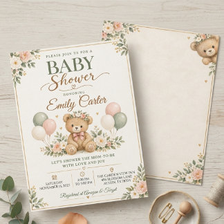 Faire-part de Baby Shower Ourson Sage et Rose
