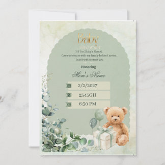 Faire-part de Baby Shower| Ourson Vert Sauge Bébé