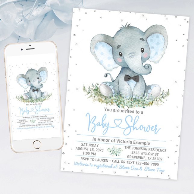 Faire-part de Baby Shower pailleté avec un éléphan (Boy elephant baby shower invitation with cute baby elephant. For instant download and print.)