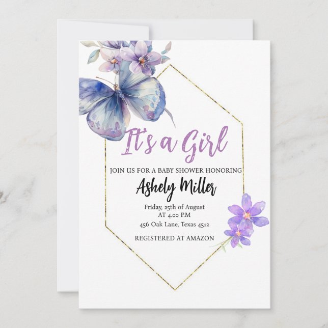 Faire-part de Baby Shower Papillon en Fleur (Devant)