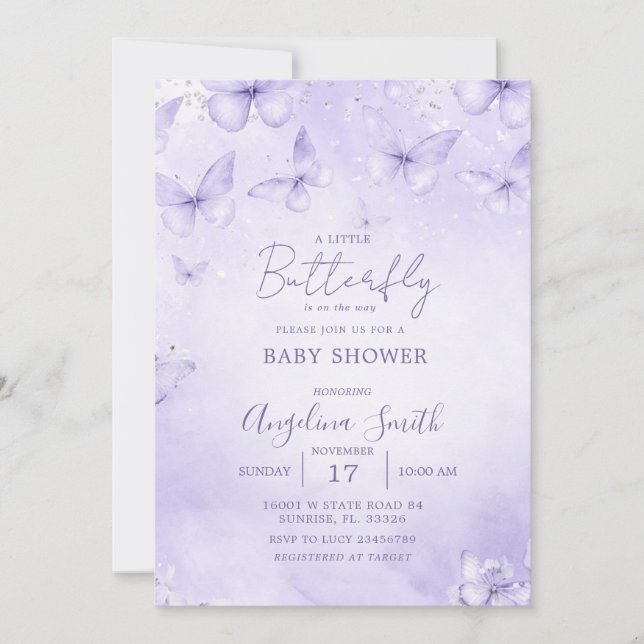 Faire-part de Baby Shower Papillon Lavande Fille (Devant)