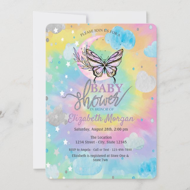 Faire-part de Baby Shower Papillon Lune Étoiles et (Devant)