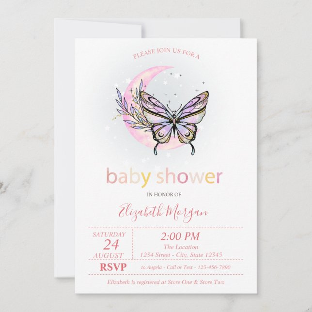 Faire-part de baby shower Papillon Lune Pointillé (Devant)