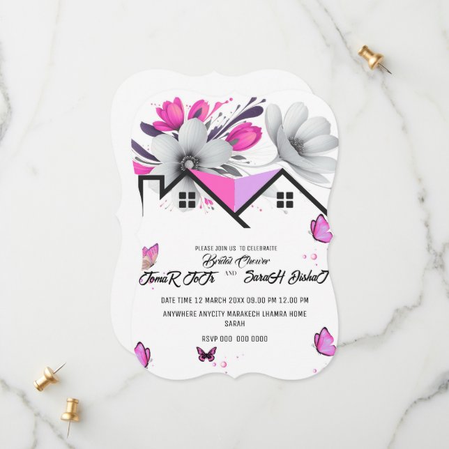 Faire-part de Baby Shower Papillon, Rose Violet Fe (Devant/Arrière en situation)