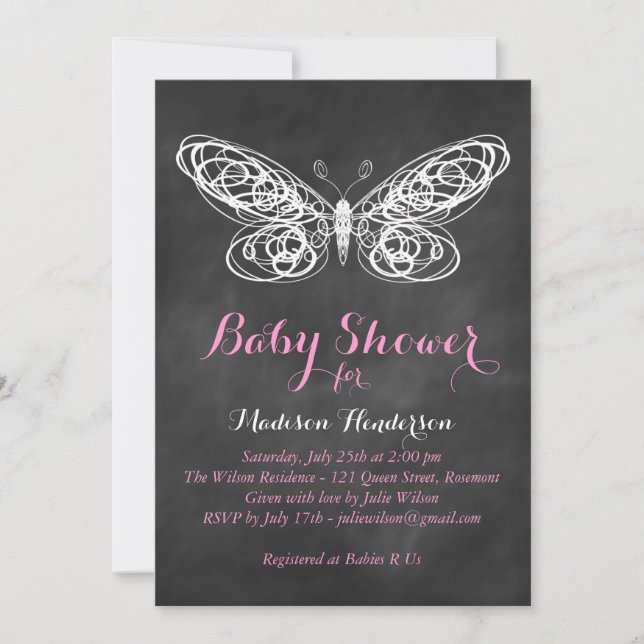 Faire-part de Baby Shower Papillon Tableau Noir -  (Devant)