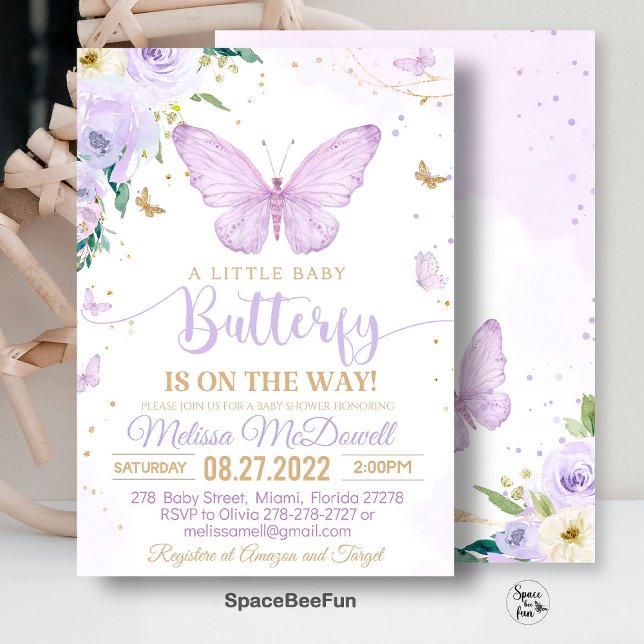 Faire-part de Baby Shower Papillon Violet Fille in (Butterfly invites,Baby Shower,Invitation,A Little Butterfly,Is On The Way,Butterfly Theme,Shower bab)