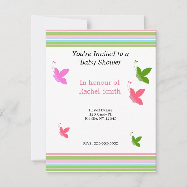 Faire-part de Baby Shower Papillons et Rayures (Devant)