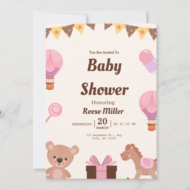 Faire-part de Baby Shower Pastel – Ballons, Ours & (Devant)