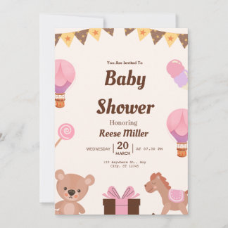 Faire-part de Baby Shower Pastel – Ballons, Ours &